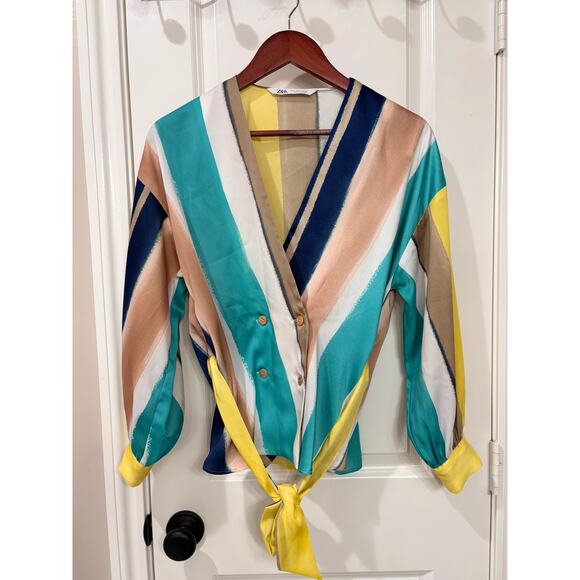 ZARA Striped Double Breasted Wrap Blouse Size Medium - Picture 2 of 7